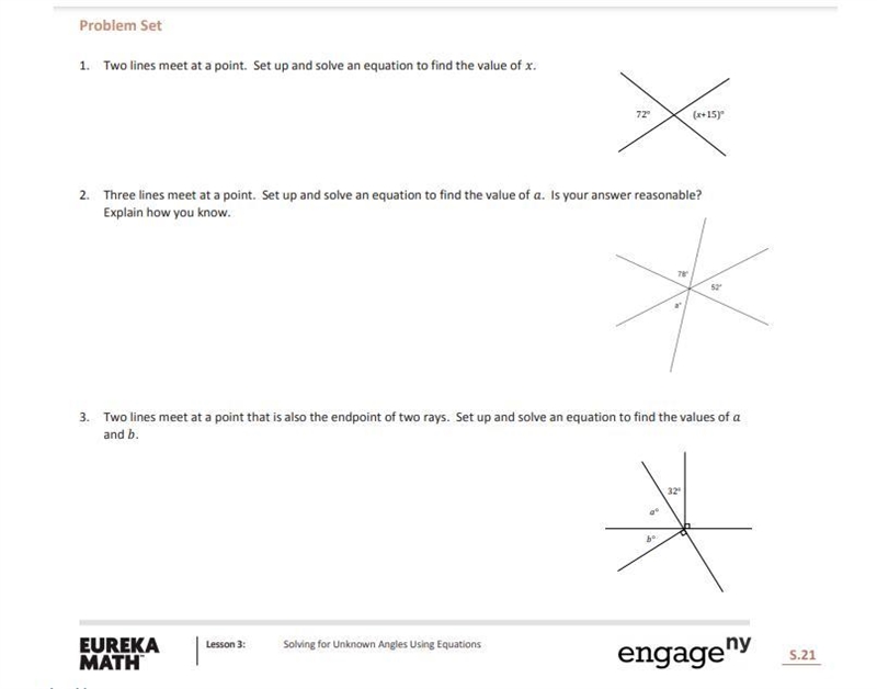 1. two lines meet at a point. set up and solve an equation to find the value of x-example-1