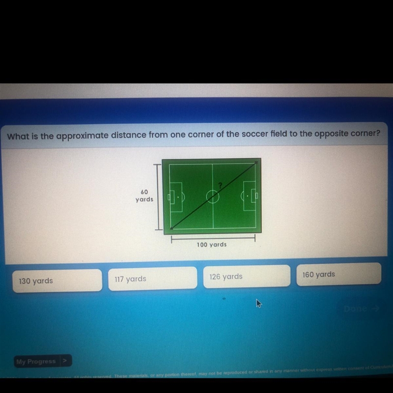 What is the approximate distance from one corner of the soccer field to the opposite-example-1