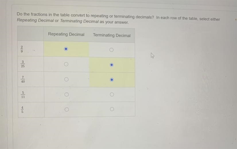 Do the fractions in the table convert to repeating or terminating decimals in each-example-1