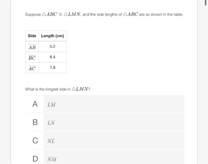 Suppose triangle ABC = triangle LMN, and the side lengths of triangle ABC are as shown-example-1