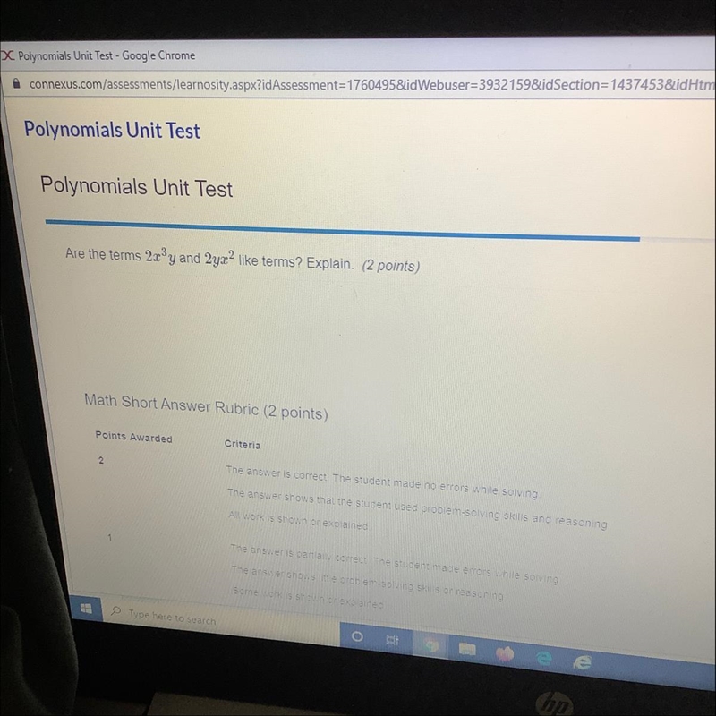 Are the terms 2x3y and 2yxlike terms? Explain. (2 points) Math Short Answer Rubric-example-1
