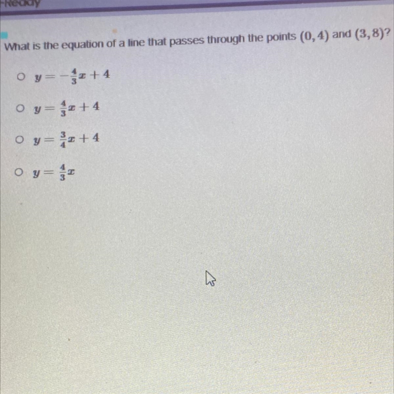 What is the equation of the line that passes through the point (0,4) and (3,8)-example-1