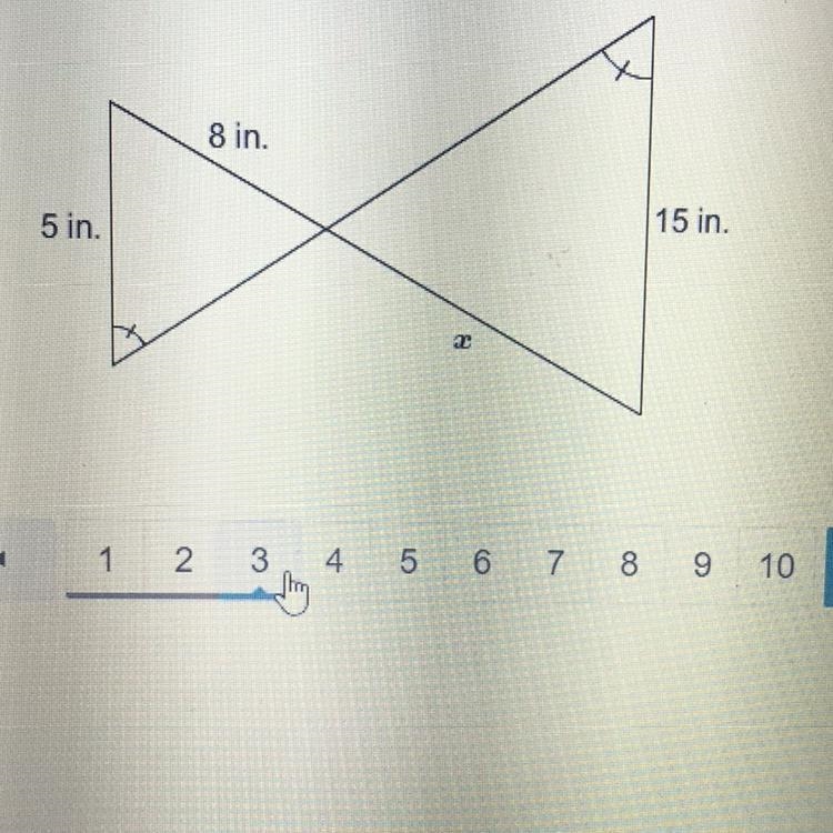 Calculator What is the value of x? 8 in. 15 in. Enter your answer in the box. 5 in-example-1