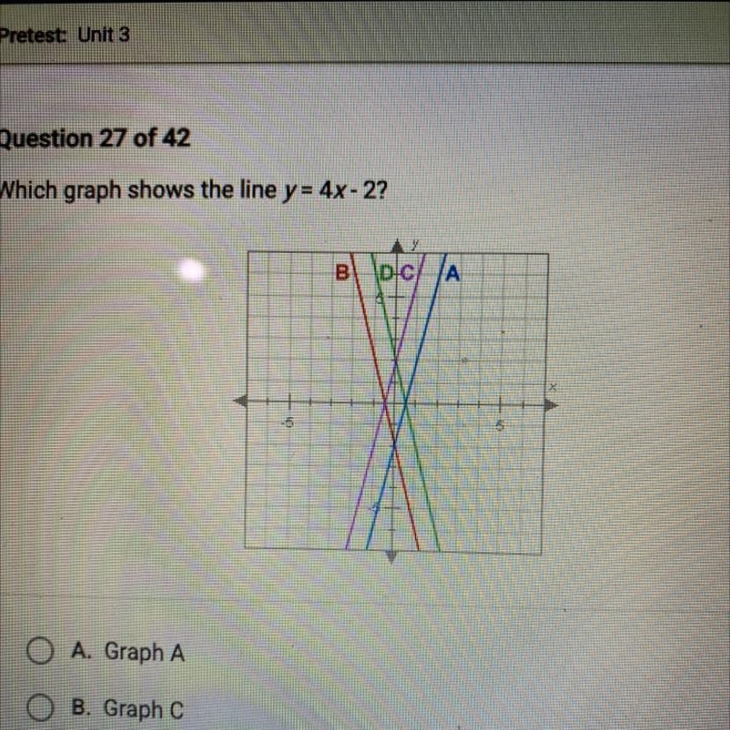 Which graph shows the line y = 4x-2? BDC/A O A. Graph A O B. Graph C O C. Graph D-example-1