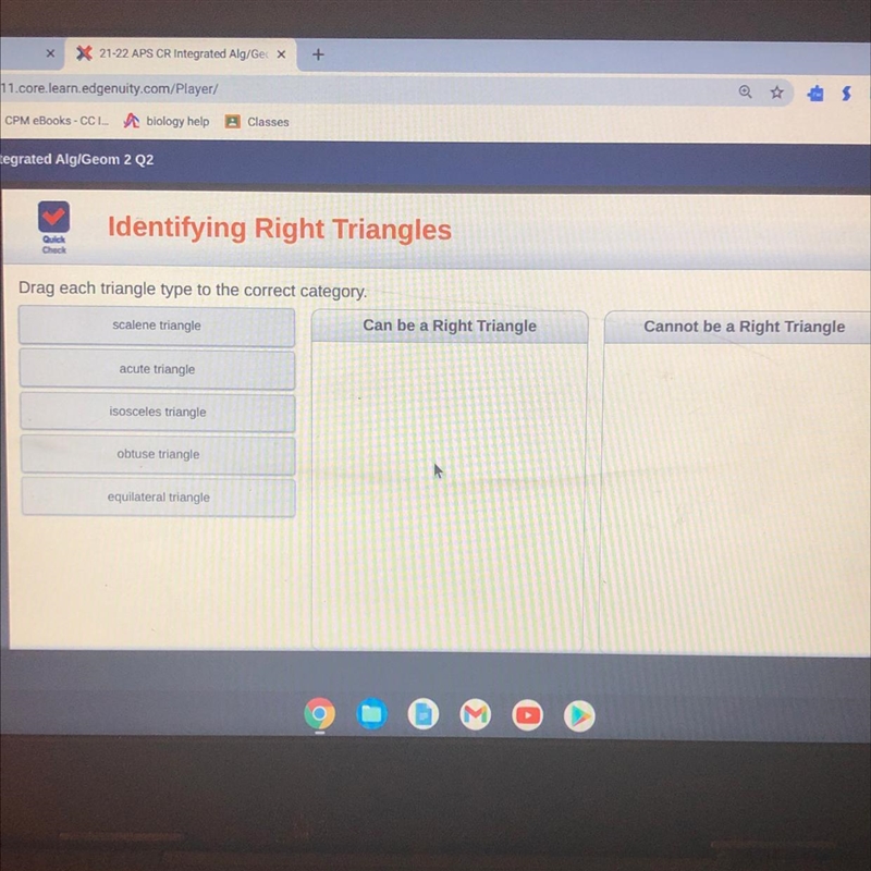 Identifying Right Triangles Quick Chock Drag each triangle type to the correct category-example-1