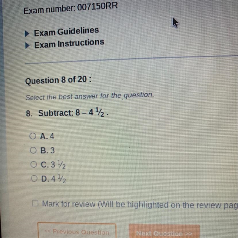 8. Subtract: 8 - 412. O A.4 O B.3 O c. 3² O D. 41/2-example-1