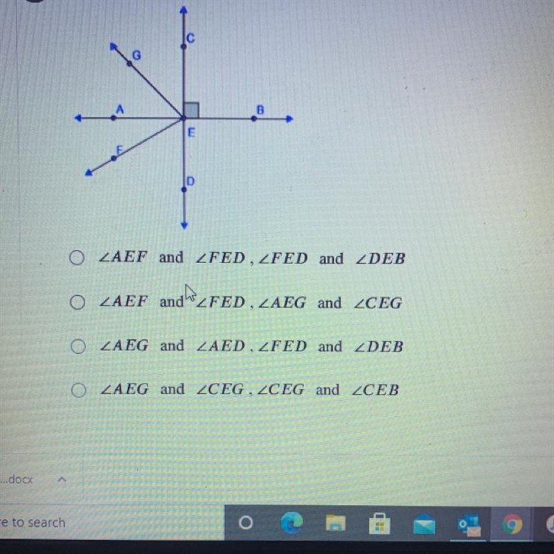 Which sets of angles listed are complementary in this diagram?-example-1