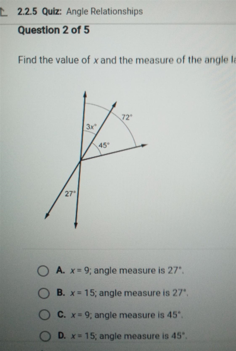 Find the value of x and of the measure of the angle labeled 3x​-example-1