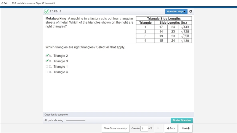 Show work to triangles 2 and 3 explaining why they are right triangles-example-1