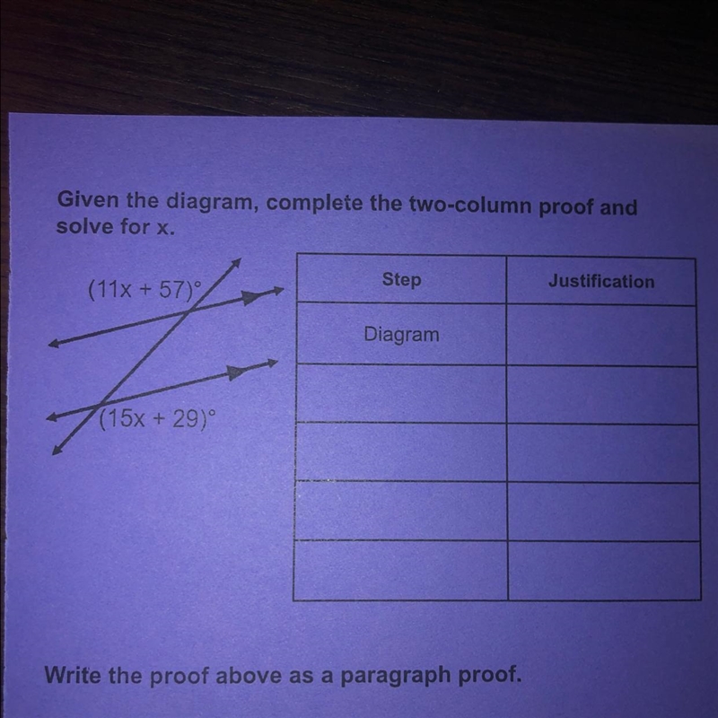 Given the diagram, complete the two-column proof and solve for x.-example-1