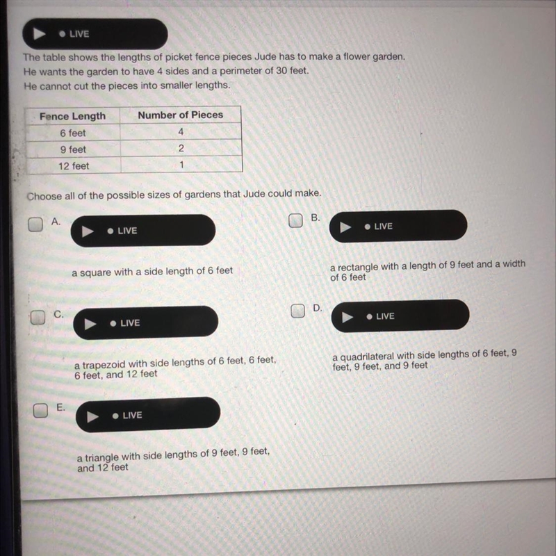 • LIVE The table shows the lengths of picket fence pieces Jude has to make a flower-example-1