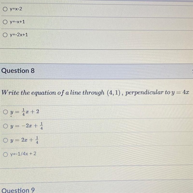 Question 8 1 pts Write the equation of a Une through (4,1), perpendicular toy = 45 Oy-example-1