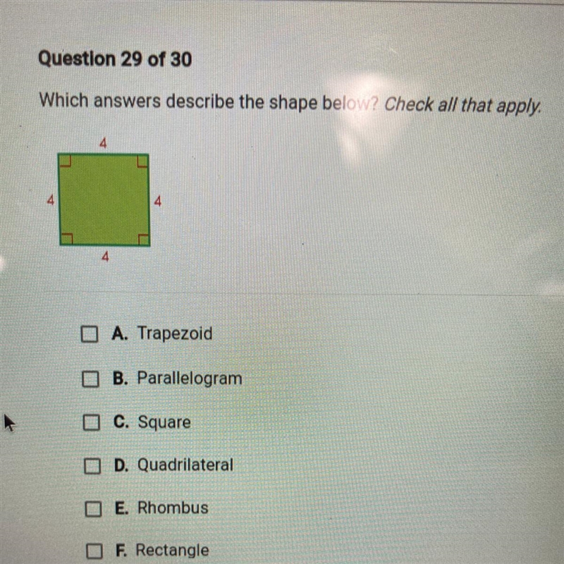 Which answers describe the shape below? Check all that apply. O A. Trapezoid O B. Parallelogram-example-1