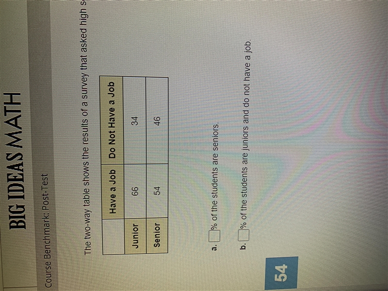 The two way table shows the results of a survey that asked high school students whether-example-1