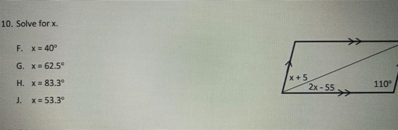 Solve for x F. x= 40° G. x= 62.5° H. x= 83.3° J. x= 53.3°-example-1