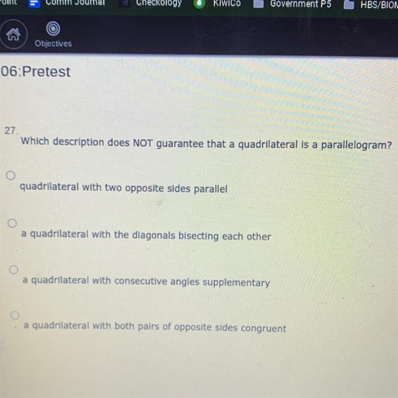 Which description does NOT guarantee that a quadrilateral is a parallelogram?-example-1