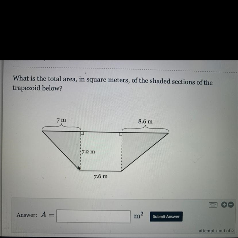 What is the total area, in square meters, of the shaded sections of the trapezoid-example-1