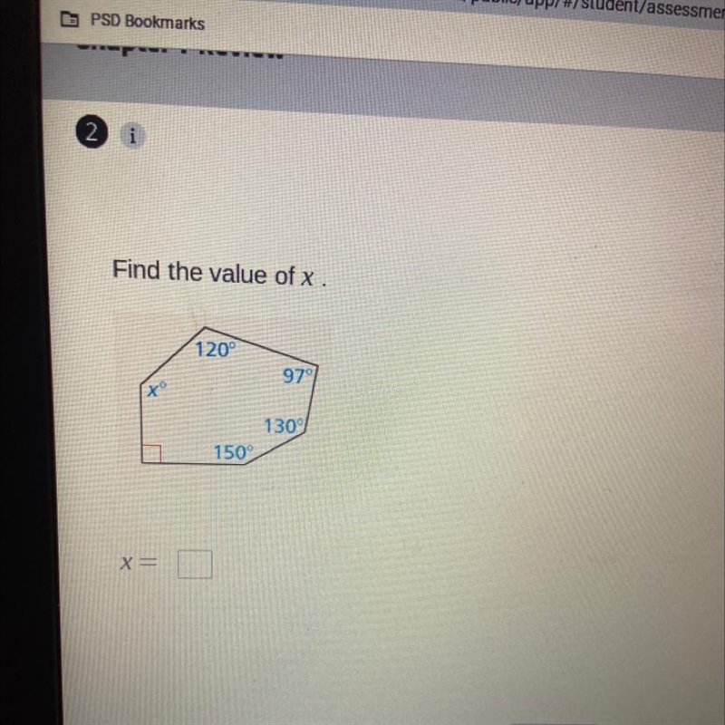 Find the value of x. 120° 97° xo 130° 150° X=-example-1