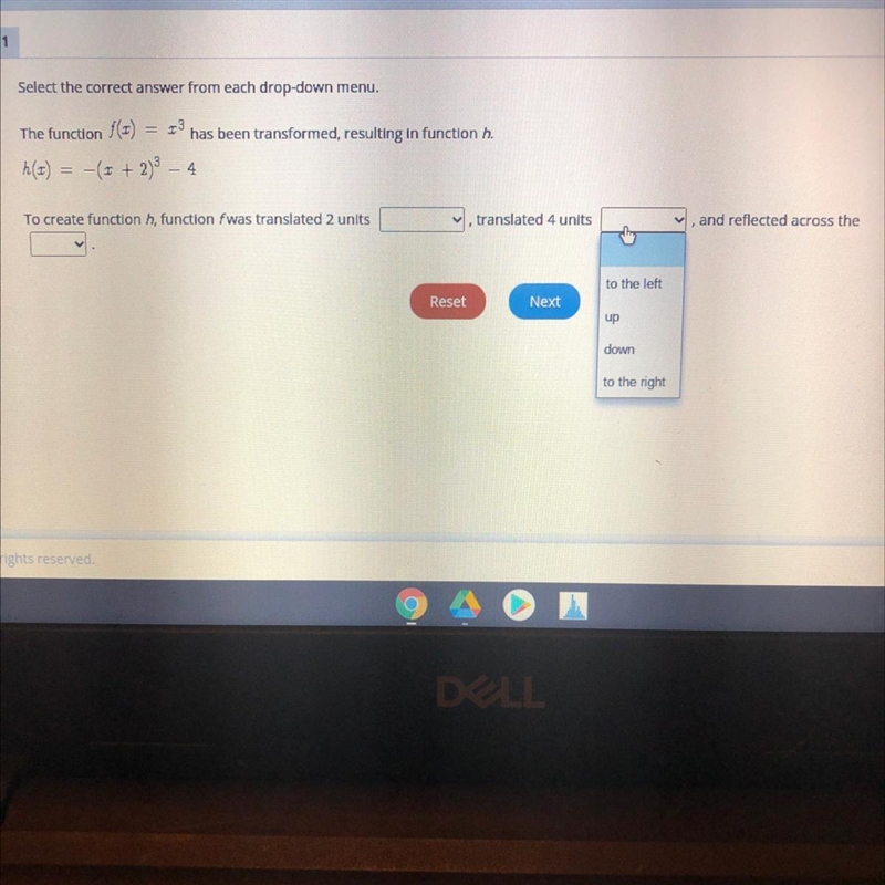 To creat function h, function f as translated 2 units (blank) Option 1- to the right-example-1