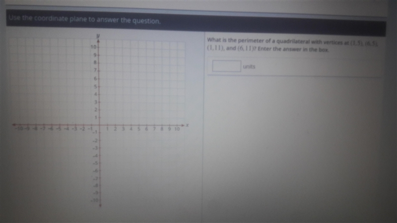 PLEASE HELP what is the perimeter of a quadrilateral with vertices at (1,5), (6,5), (1,11), and-example-1