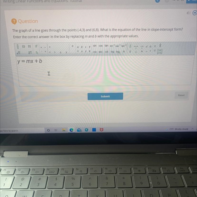 The graph of a line goes through the points (-4,3) and (6,8). What is the equation-example-1