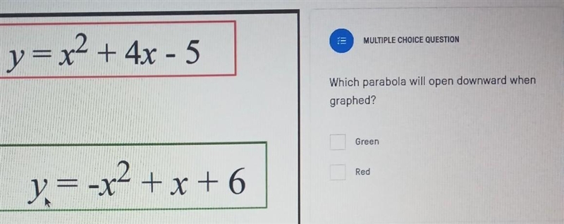 MULTIPLE CHOICE QUESTION Parabola: y = x2 + 4x - 5 Which parabola will open downward-example-1