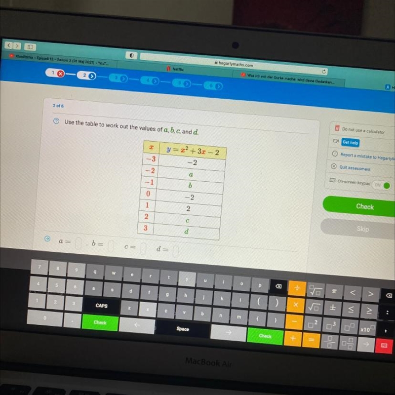 Use the table to work out the values of a, b, c, and d. 20 = 22 + 3 2 _3 2 2 a 1 b-example-1