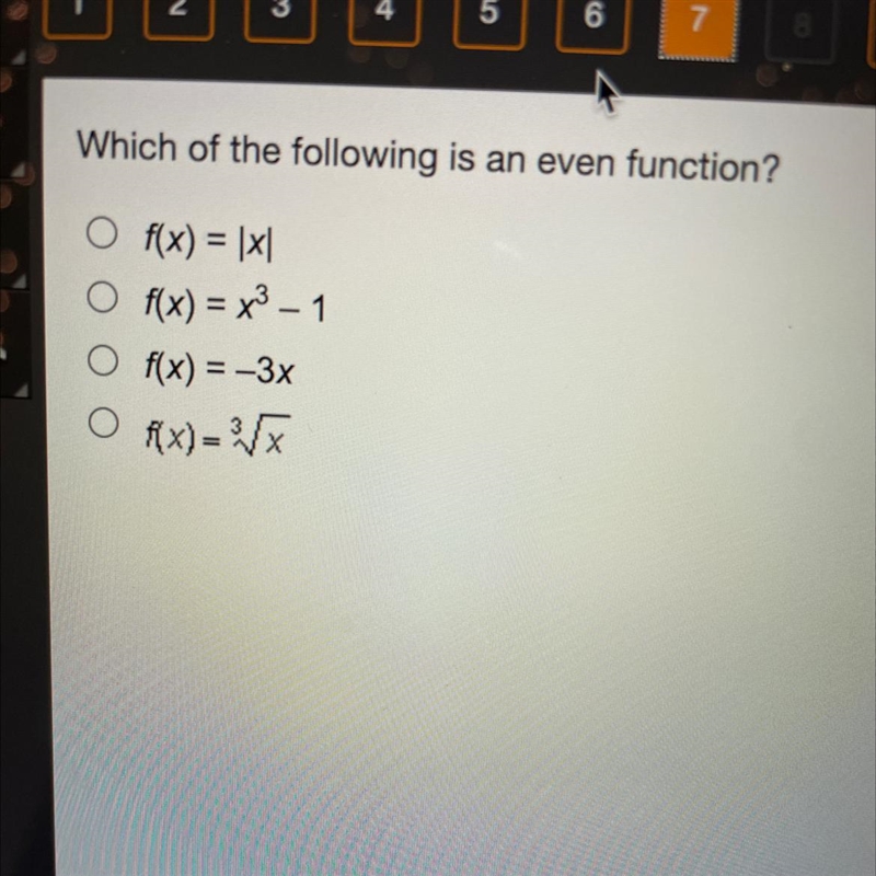 Which of the following is an even unction?-example-1