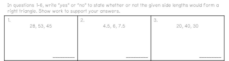 Write "yes" or "no" to state whether or not the given side lengths-example-1