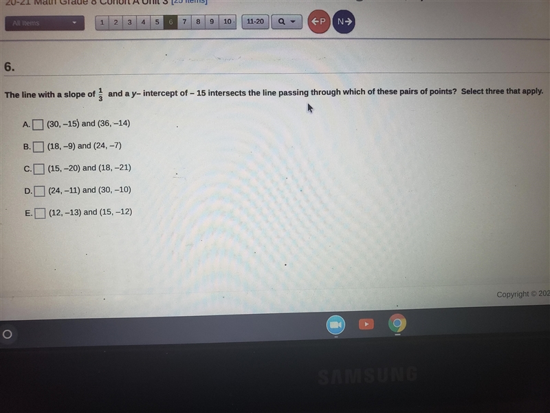 The line with a slope of 1/3 and a y- intercept of -15 intersects the line passing-example-1