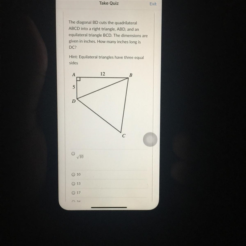 The diagonal BD cuts the quadrilateral ABCD into a right triangle, ABD, and an equilateral-example-1