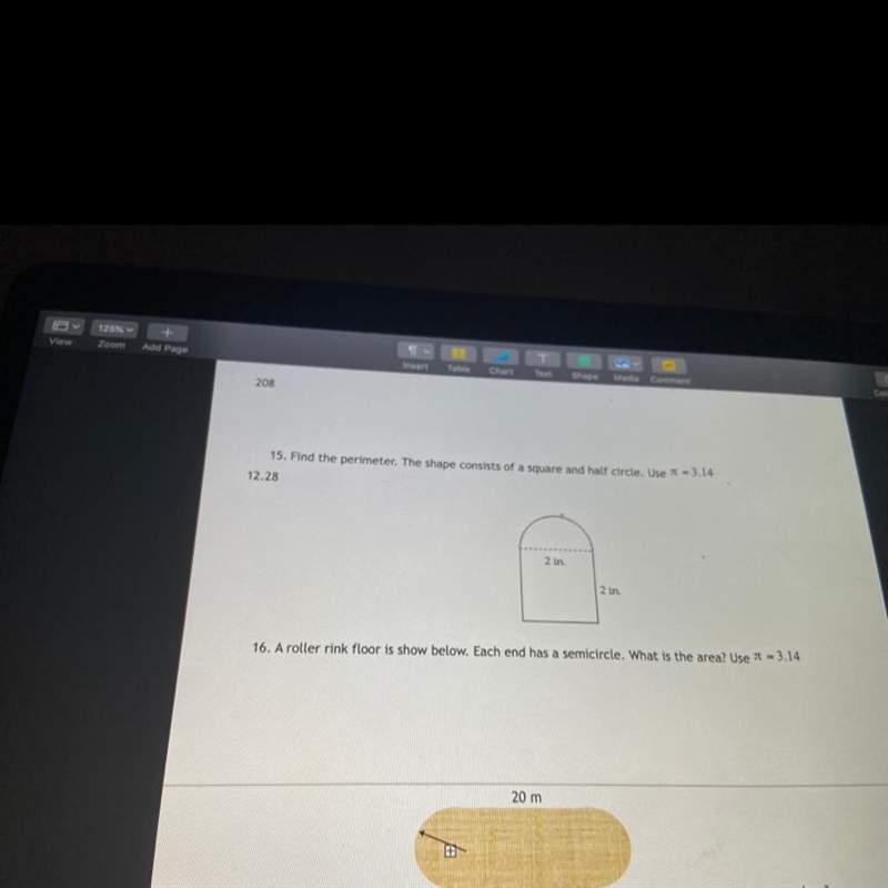 16. A roller rink floor is show below. Each end has a semicircle. What is the area-example-1