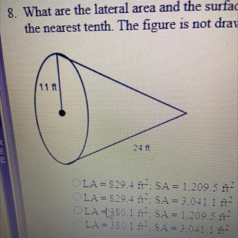 What are the lateral area and the surface area of the cone shown below? Round the-example-1