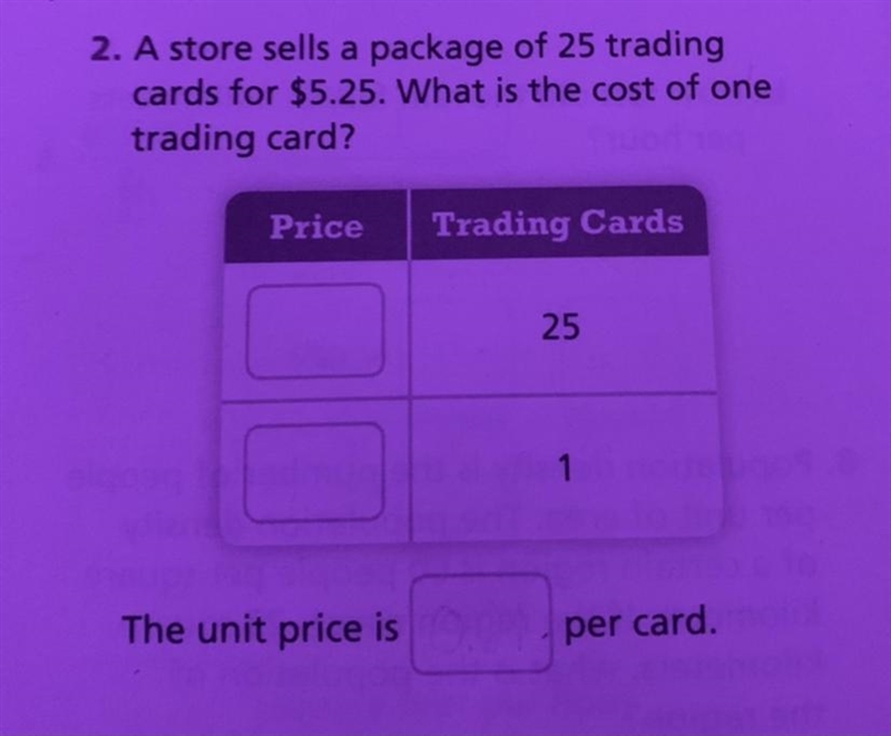 A store sells a package of 25 trading cards 5.25. What is the cost of one trading-example-1