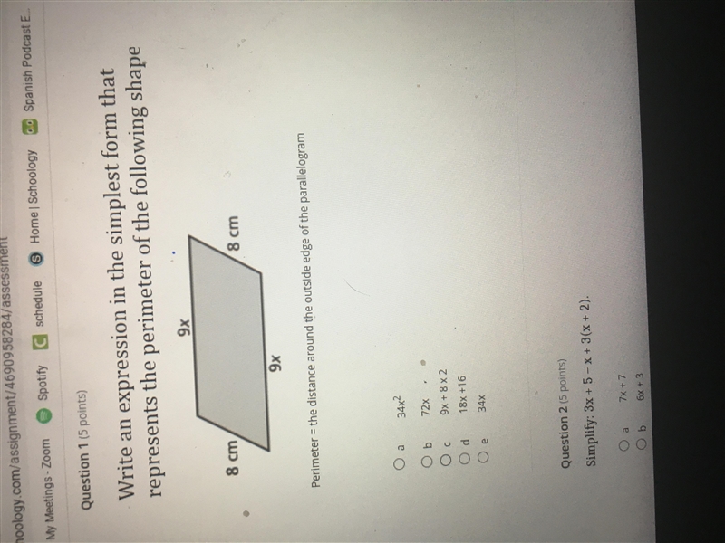 Write an expression in the simplest form that represents the perimeter of the following-example-1