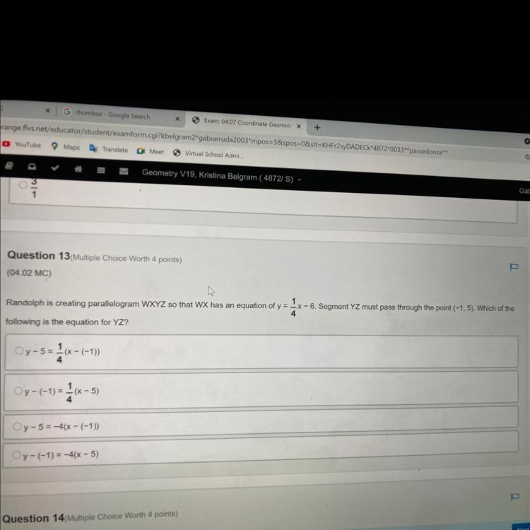 A.y-5=1/4(x-(-1)) B.y-(-1)=1/4(x-5) C.y-5=-4(x-(-1)) D.y-(-1)=-4(x-5)-example-1