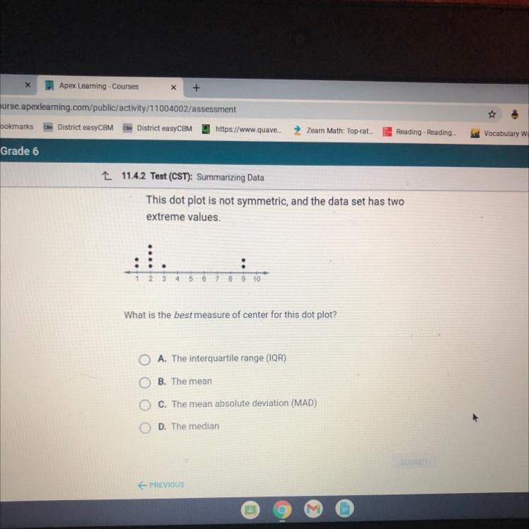 This dot plot is not symmetric, and the data set has two extreme values. 1 2 3 4 6 7 8 9 10 What-example-1