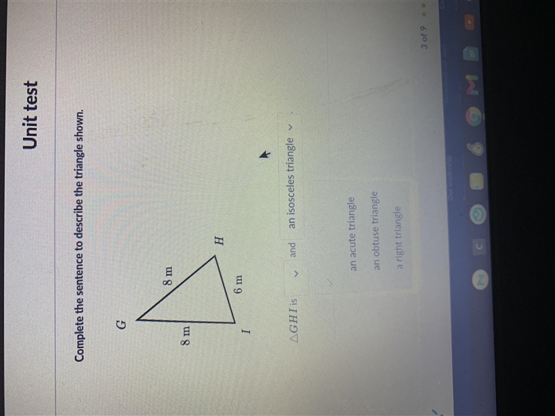 Complete the sentence to describe the triangle shown with two answers A. Acute triangle-example-1