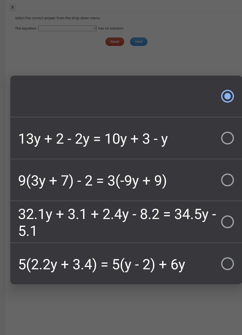 HELP ASAP!! The equation (blank) has no solution​-example-1