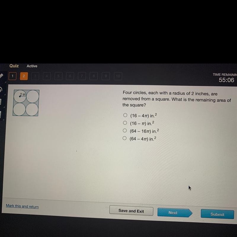 Four circles, each with a radius of 2 inches are removed from a square. What is the-example-1