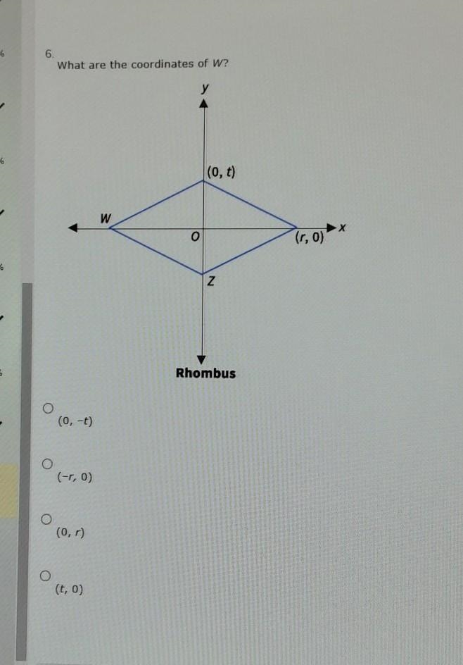 6. What are the coordinates of W? (0,t) W 0 (,0) Rhombus (0, -1) o (-r, o) (0,r). (t-example-1