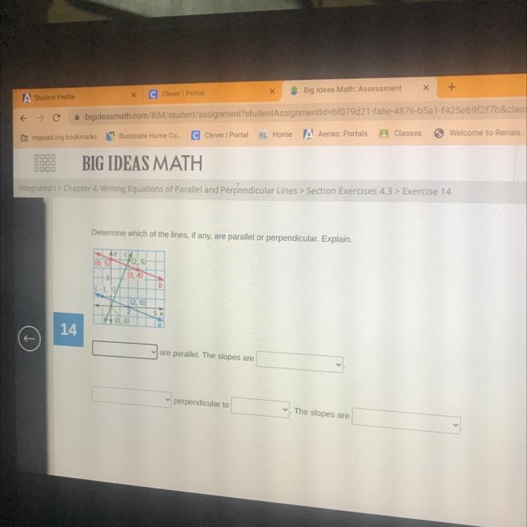 Determine which of the lines, if any, are parallel or perpendicular. Explain.-example-1