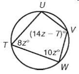 Quadrilateral TUVW is inscribed in the circle. Find m∠T, m∠U, m∠V, m∠W.-example-1