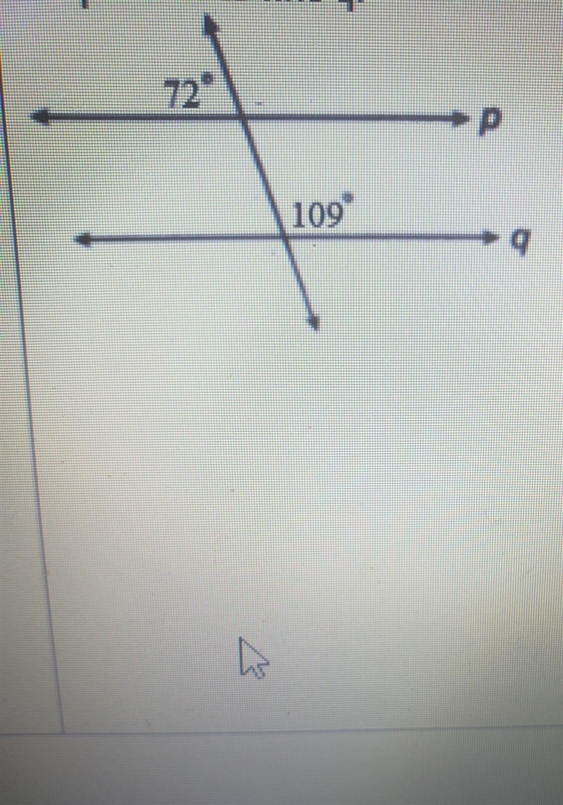 In the figure below explain why line p is or isn't parallel to line q​-example-1