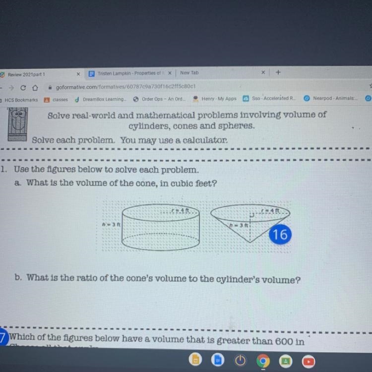 1. Use the figures below to solve each problem. a. What is the volume of the cone-example-1