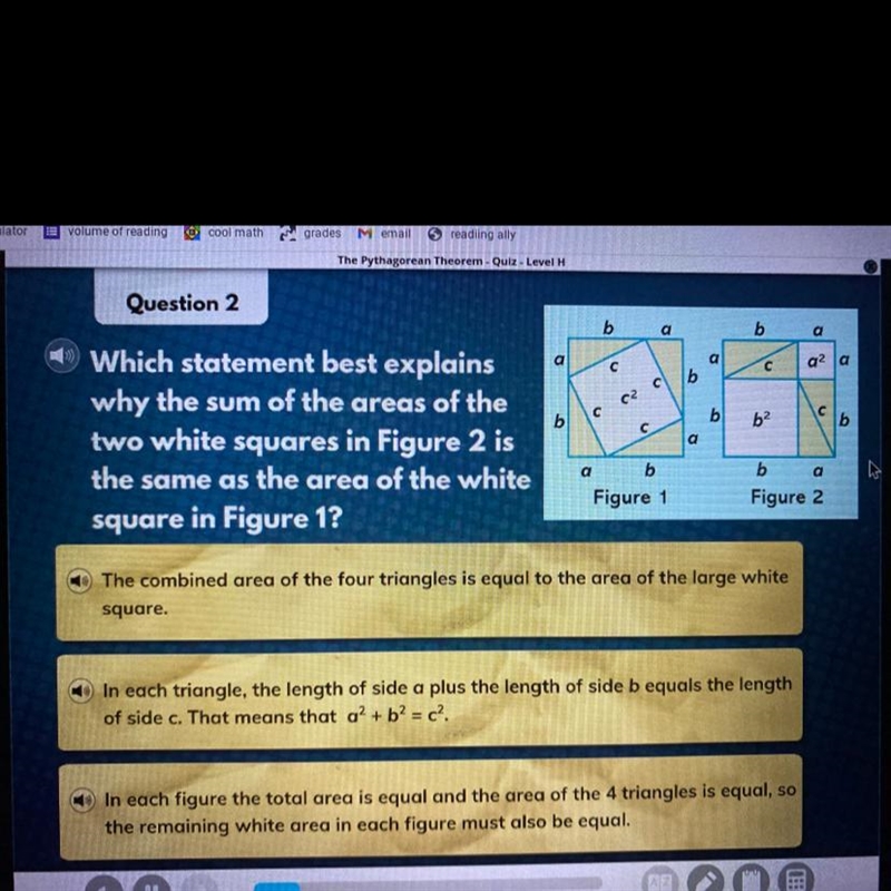 Question 2 Which statement best explains why the sum of the areas of the two white-example-1