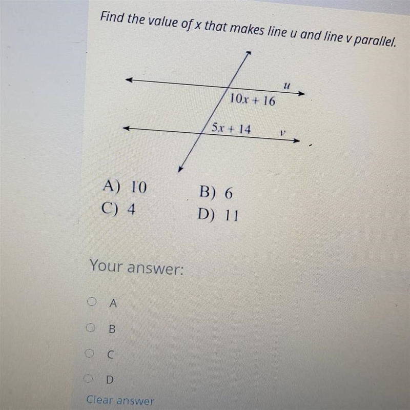 Find the value of x that makes lines u and line v parallel, help!!-example-1