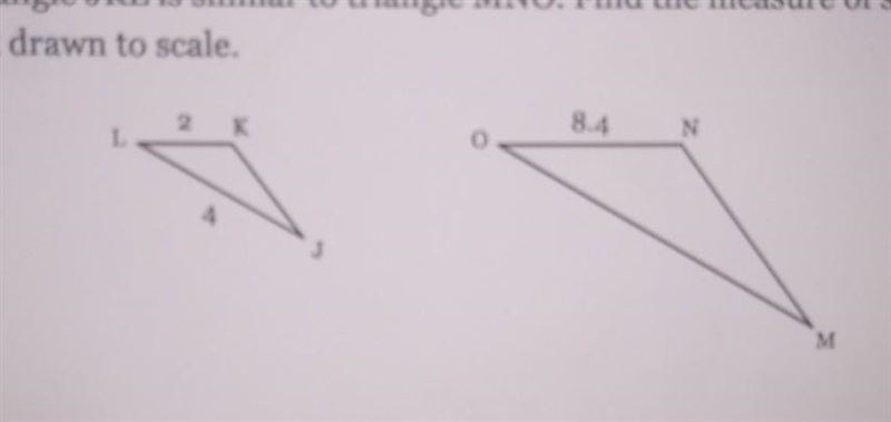 Triangle JKL is similar to triangle MNO. Find the measure of side OM. Figures are-example-1