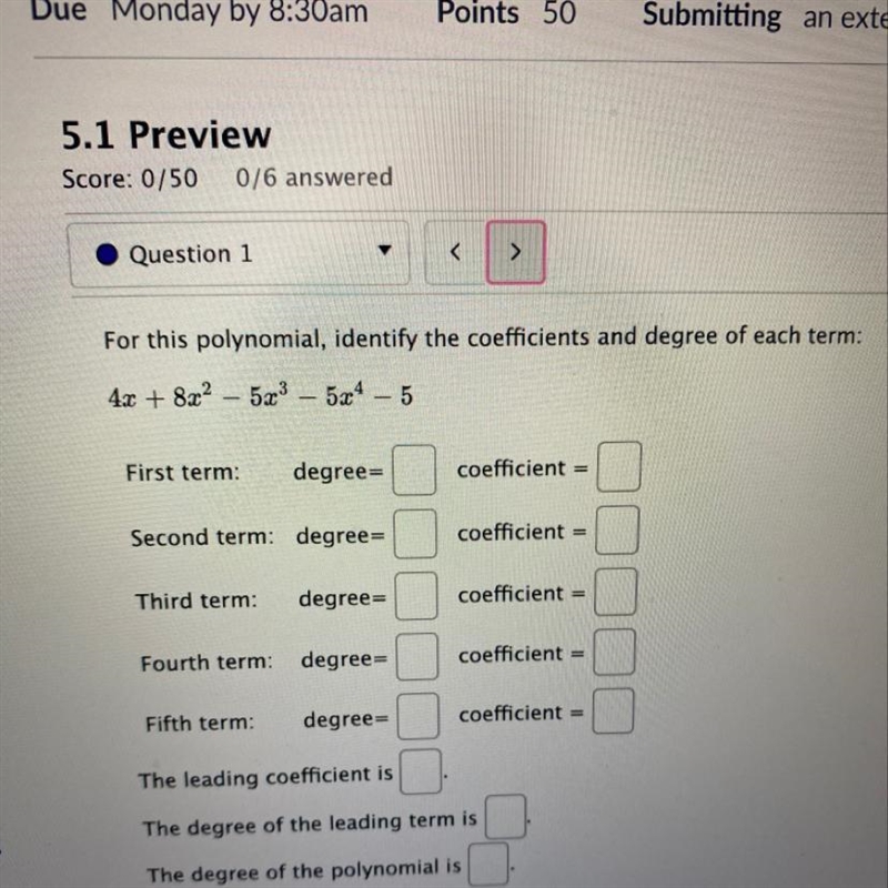 For this polynomial identify the coefficients and degree of each term.-example-1