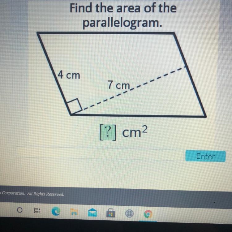 Find the area of the parallelogram 4 cm 7 cm [?] cm2-example-1